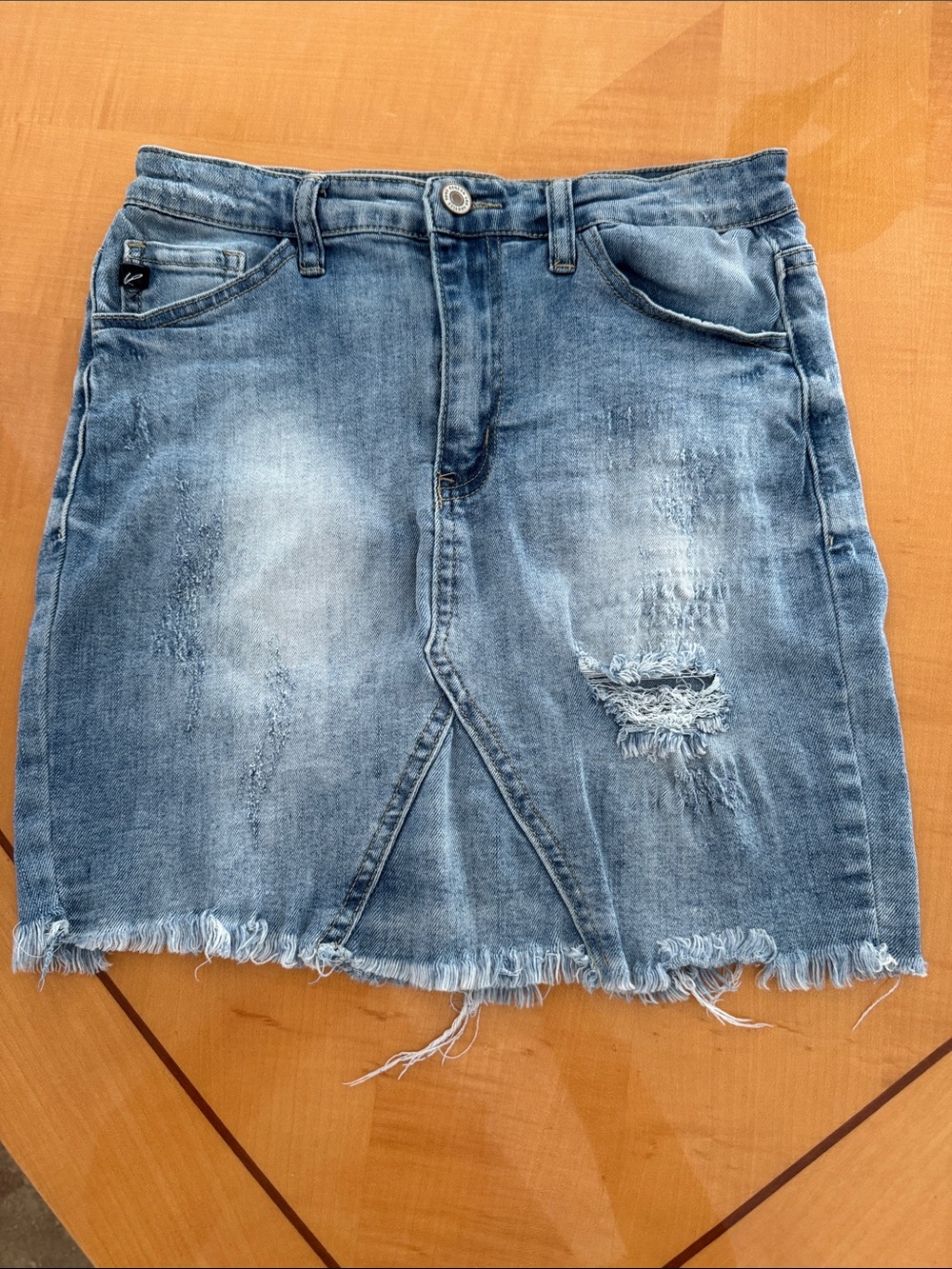 Kuncun Medium Wash Distressed Denim Mini Skirt size 25